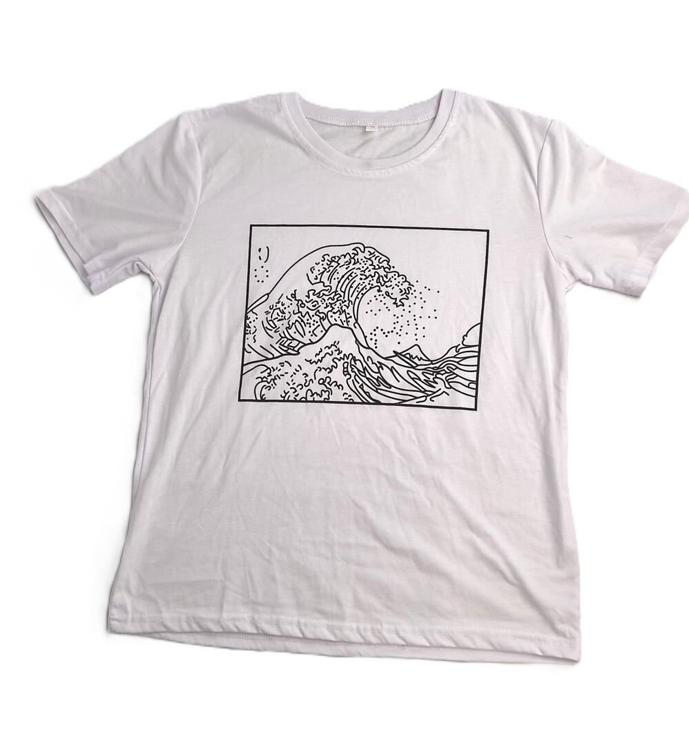 The Great Wave Off Kanagawa Line Art White Graphic Tee Shirt Size Large